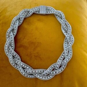 Women’s Silver Nylon Mesh Chocker with Stud Faux Diamonds